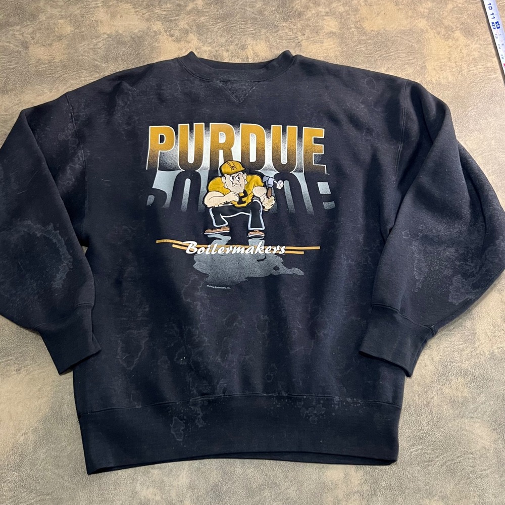 Midwest Embroidery Purdue Sweatshirt Mens Large Black Acid Wash Pete Mascot VTG
